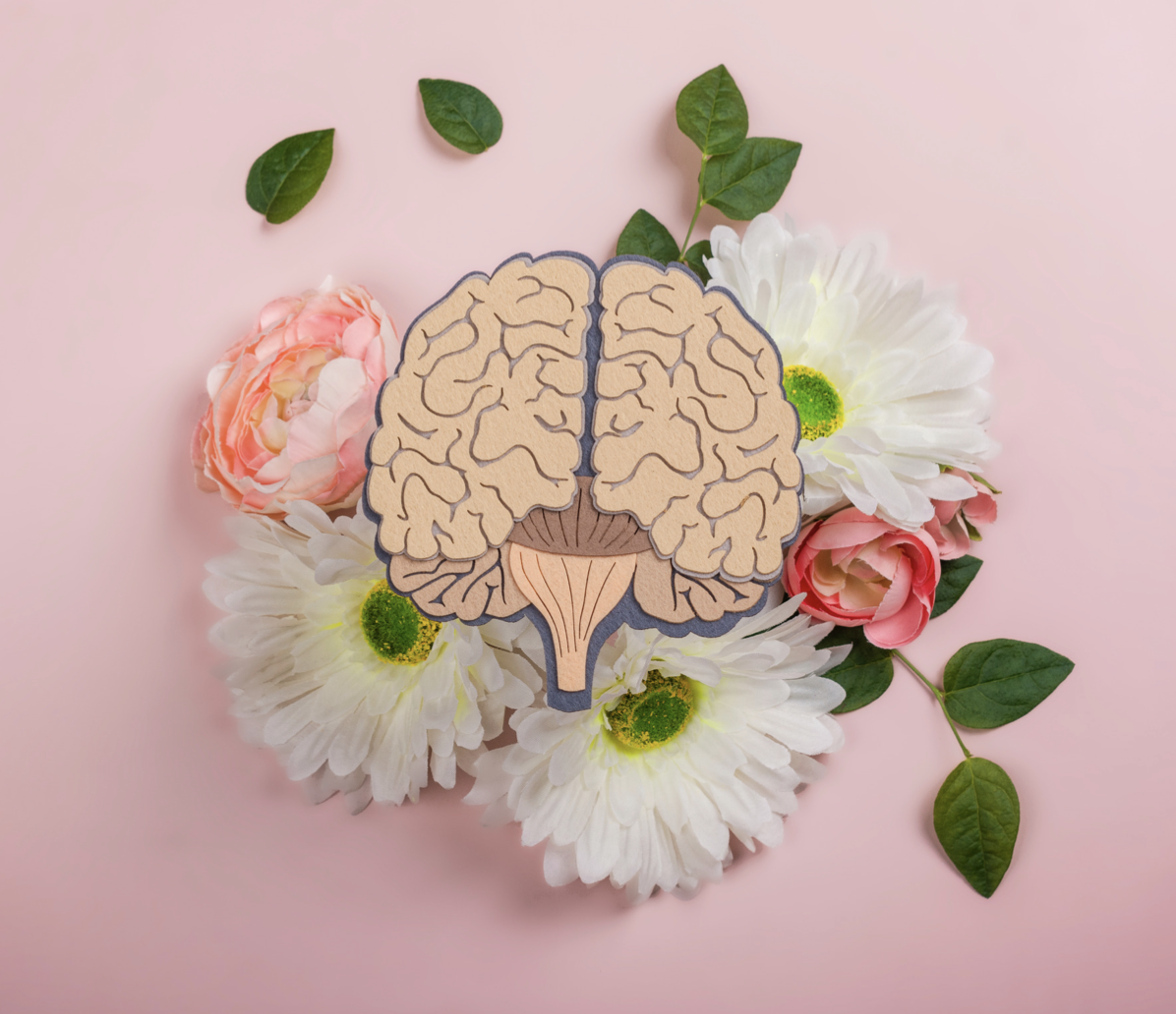 Collage of brain with flowers behind it.